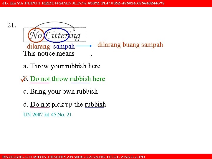 JL. RAYA PUPUS KEDUNGPANJI. POS. 63372. TLP. 0352 -485014. 085646244078 21. dilarang buang sampah