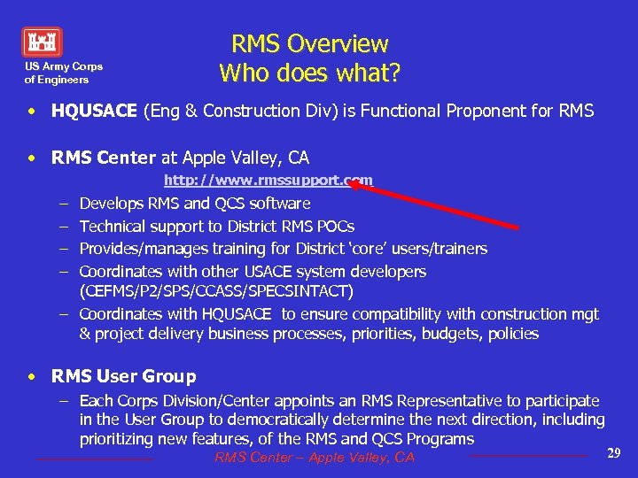 RMS Overview Who does what? US Army Corps of Engineers • HQUSACE (Eng &