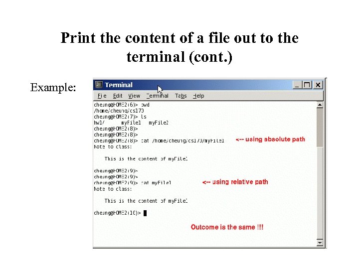 Print the content of a file out to the terminal (cont. ) Example: 