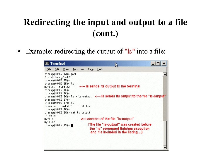 Redirecting the input and output to a file (cont. ) • Example: redirecting the