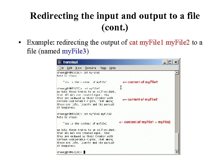 Redirecting the input and output to a file (cont. ) • Example: redirecting the