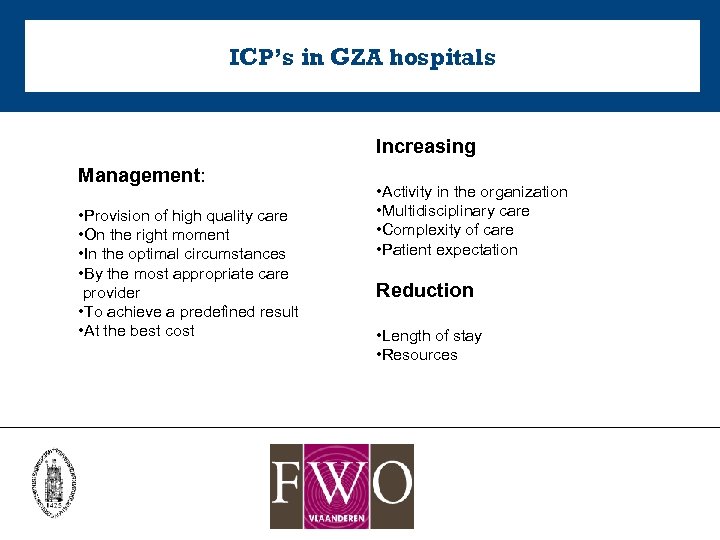 ICP’s in GZA hospitals Increasing Management: • Provision of high quality care • On