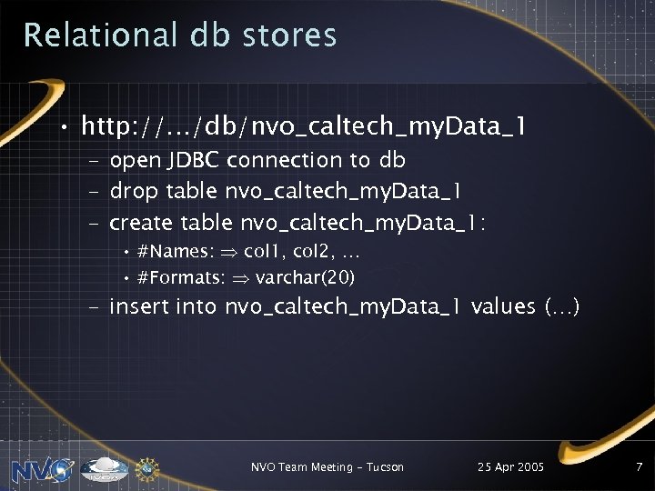 Relational db stores • http: //…/db/nvo_caltech_my. Data_1 – open JDBC connection to db –
