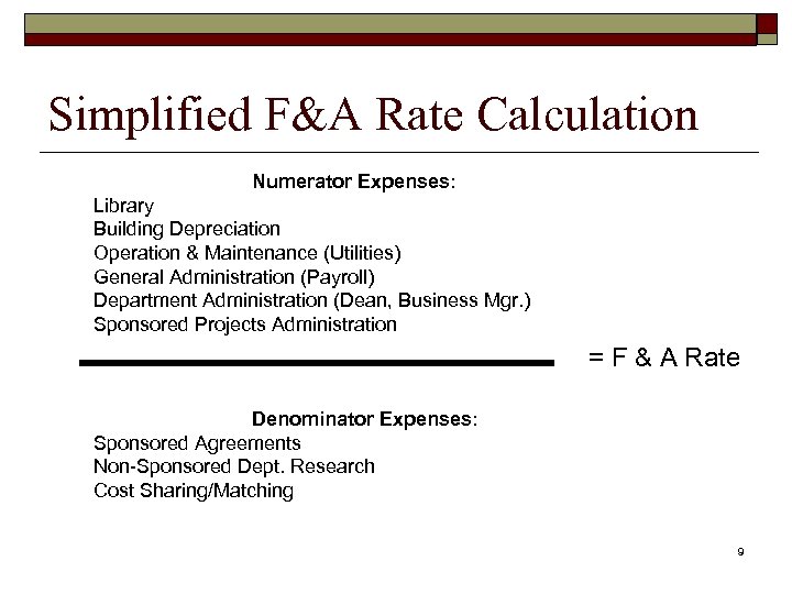Simplified F&A Rate Calculation Numerator Expenses: Library Building Depreciation Operation & Maintenance (Utilities) General