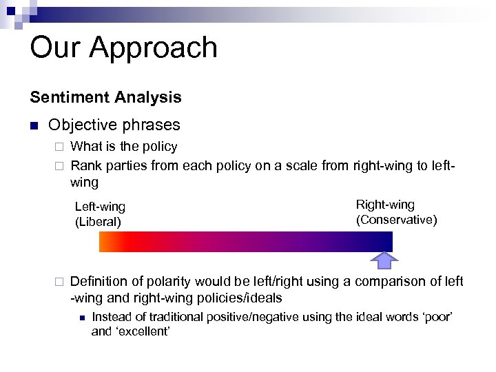 Our Approach Sentiment Analysis n Objective phrases What is the policy ¨ Rank parties