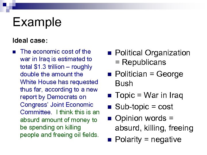 Example Ideal case: n The economic cost of the war in Iraq is estimated