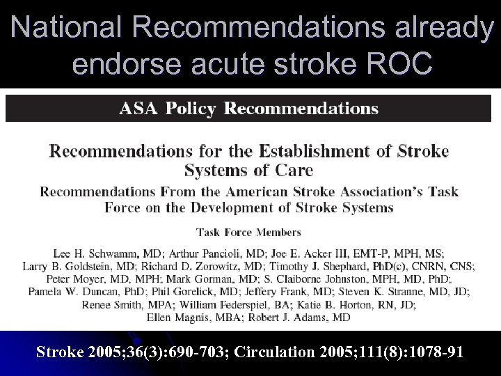 National Recommendations already endorse acute stroke ROC Stroke 2005; 36(3): 690 -703; Circulation 2005;