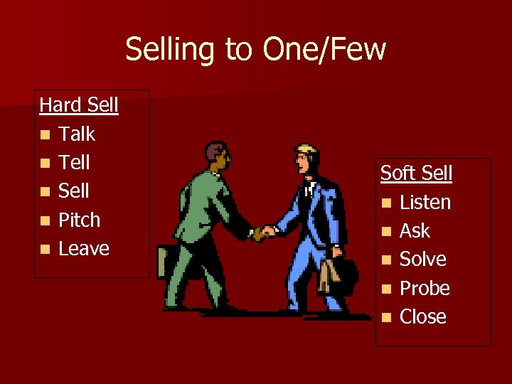 Selling to One/Few Hard Sell n Talk n Tell n Sell n Pitch n
