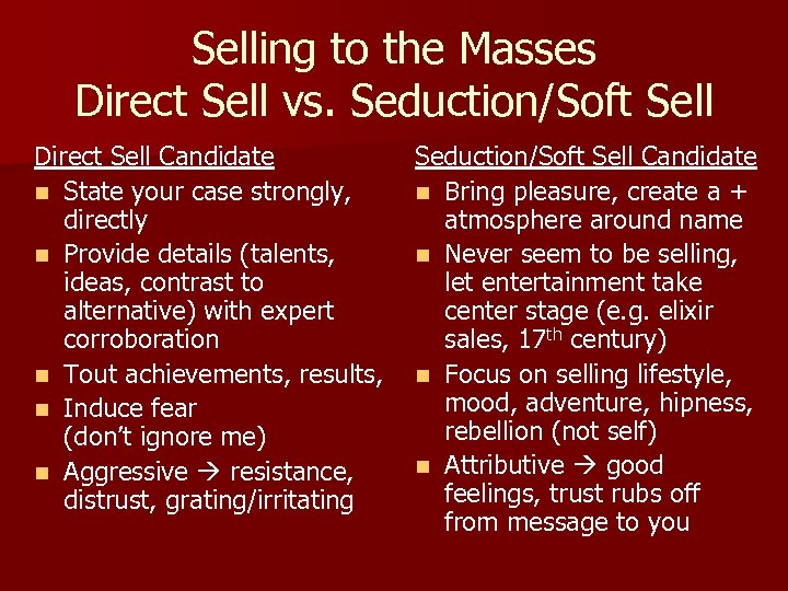 Selling to the Masses Direct Sell vs. Seduction/Soft Sell Direct Sell Candidate n State