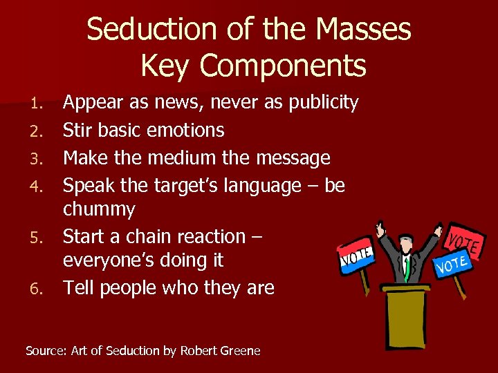 Seduction of the Masses Key Components 1. 2. 3. 4. 5. 6. Appear as
