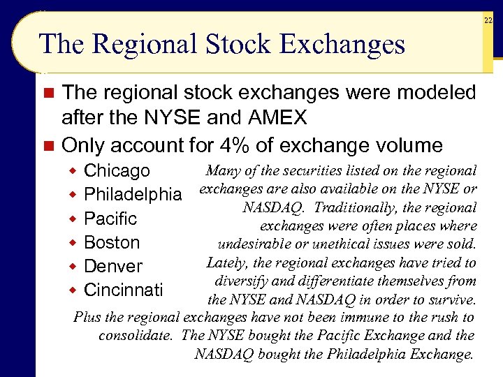 22 The Regional Stock Exchanges The regional stock exchanges were modeled after the NYSE