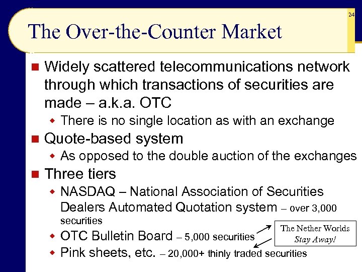 24 The Over-the-Counter Market n Widely scattered telecommunications network through which transactions of securities