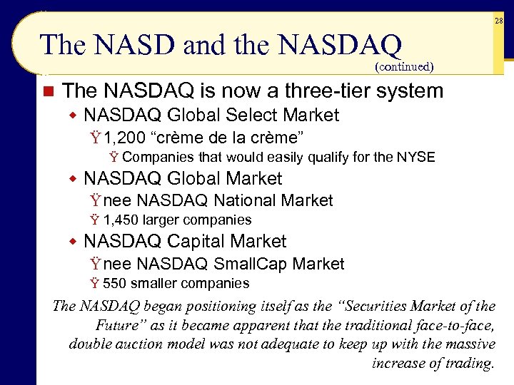 28 The NASD and the NASDAQ (continued) n The NASDAQ is now a three-tier