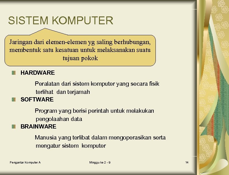 SISTEM KOMPUTER Jaringan dari elemen-elemen yg saling berhubungan, membentuk satu kesatuan untuk melaksanakan suatu