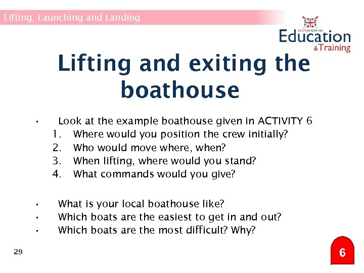 Lifting, Launching and Landing Lifting and exiting the boathouse • • 29 Look at
