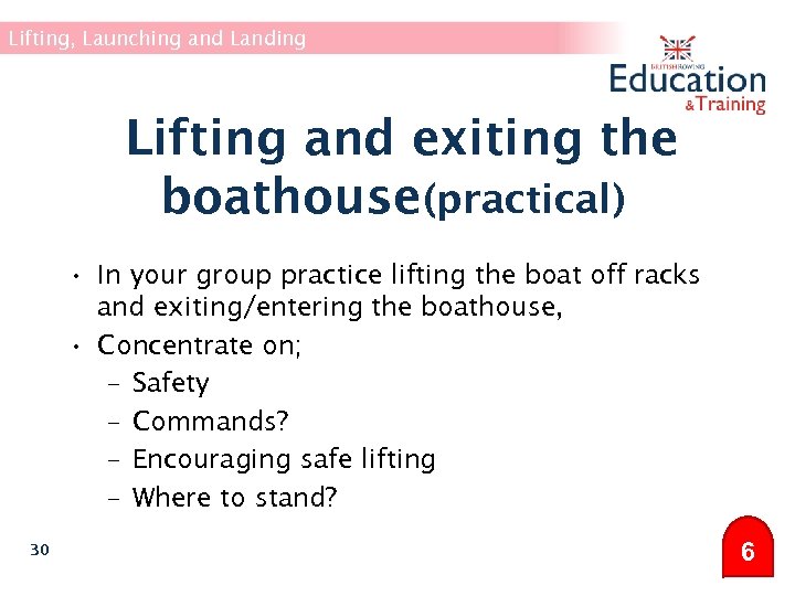 Lifting, Launching and Landing Lifting and exiting the boathouse(practical) • In your group practice