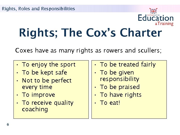 Rights, Roles and Responsibilities Rights; The Cox’s Charter Coxes have as many rights as