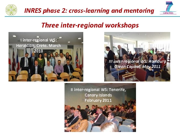INRES phase 2: cross-learning and mentoring Three inter-regional workshops I inter-regional WS: Heraklion, Crete.
