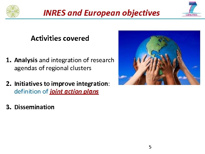 INRES and European objectives Activities covered 1. Analysis and integration of research agendas of