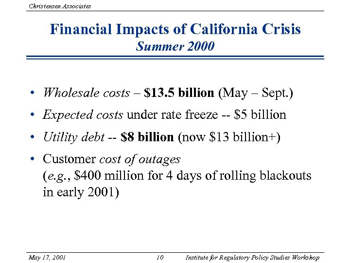 Christensen Associates Financial Impacts of California Crisis Summer 2000 • Wholesale costs – $13.