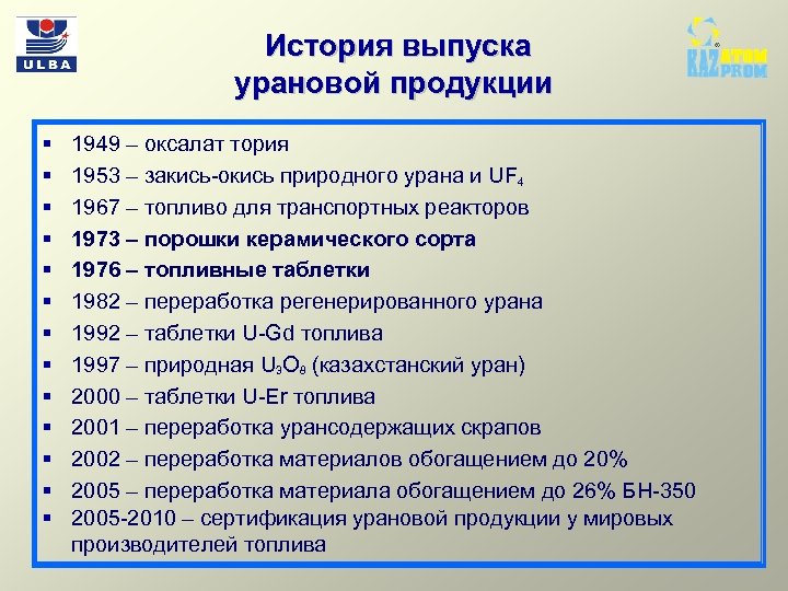 История выпуска урановой продукции § § § § 1949 – оксалат тория 1953 –