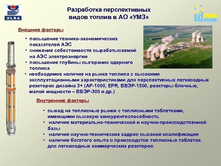 Разработка перспективных видов топлив в АО «УМЗ» Внешние факторы • повышение технико-экономических показателей АЭС