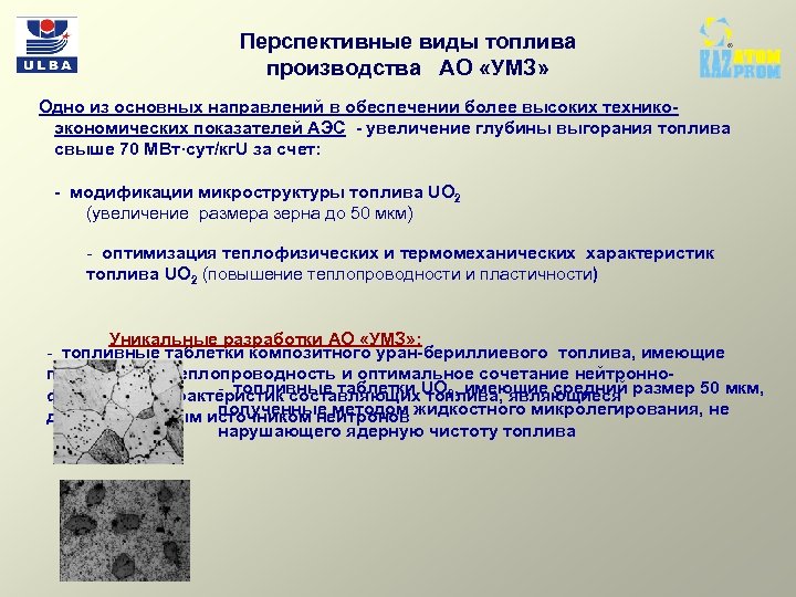 Перспективные виды топлива производства АО «УМЗ» Одно из основных направлений в обеспечении более высоких