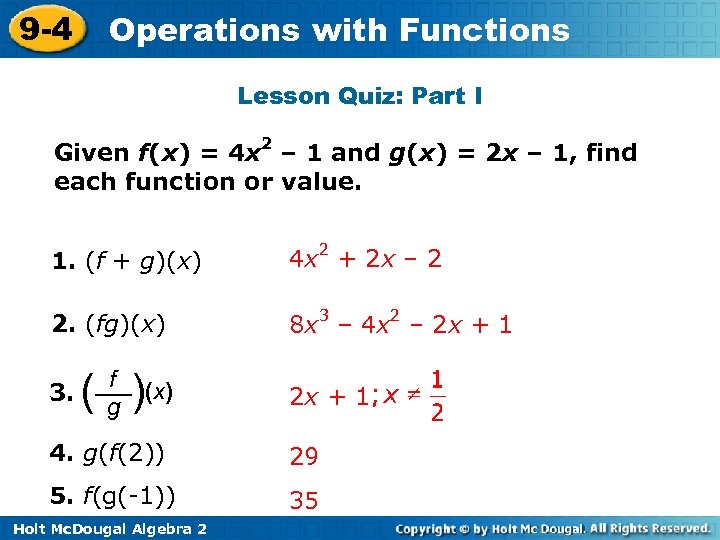 9 -4 Operations with Functions Lesson Quiz: Part I Given f(x) = 4 x