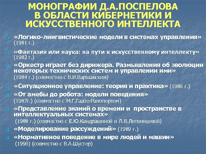 МОНОГРАФИИ Д. А. ПОСПЕЛОВА В ОБЛАСТИ КИБЕРНЕТИКИ И ИСКУССТВЕННОГО ИНТЕЛЛЕКТА q «Логико-лингвистические модели в