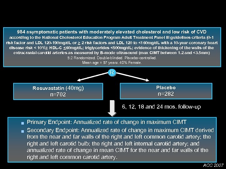 METEOR Trial: Study Design 984 asymptomatic patients with moderately elevated cholesterol and low risk