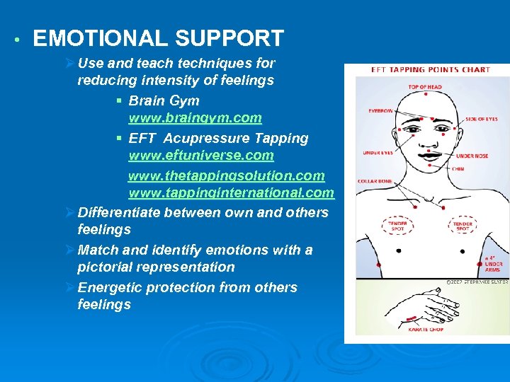  • EMOTIONAL SUPPORT Ø Use and teach techniques for reducing intensity of feelings