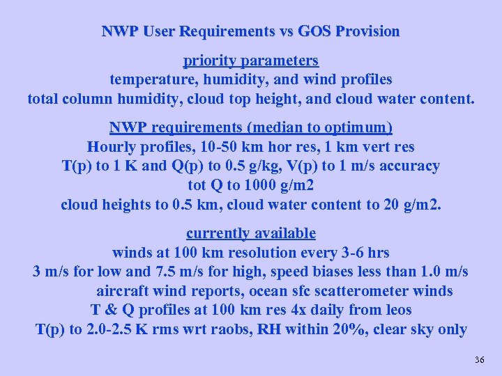 NWP User Requirements vs GOS Provision priority parameters temperature, humidity, and wind profiles total