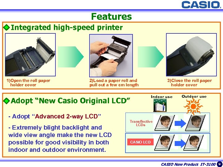 9 Features Integrated high-speed printer 1)Open the roll paper holder cover 2)Load a paper