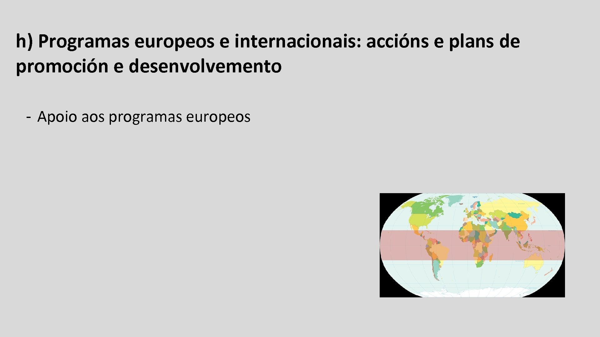 h) Programas europeos e internacionais: accións e plans de promoción e desenvolvemento - Apoio