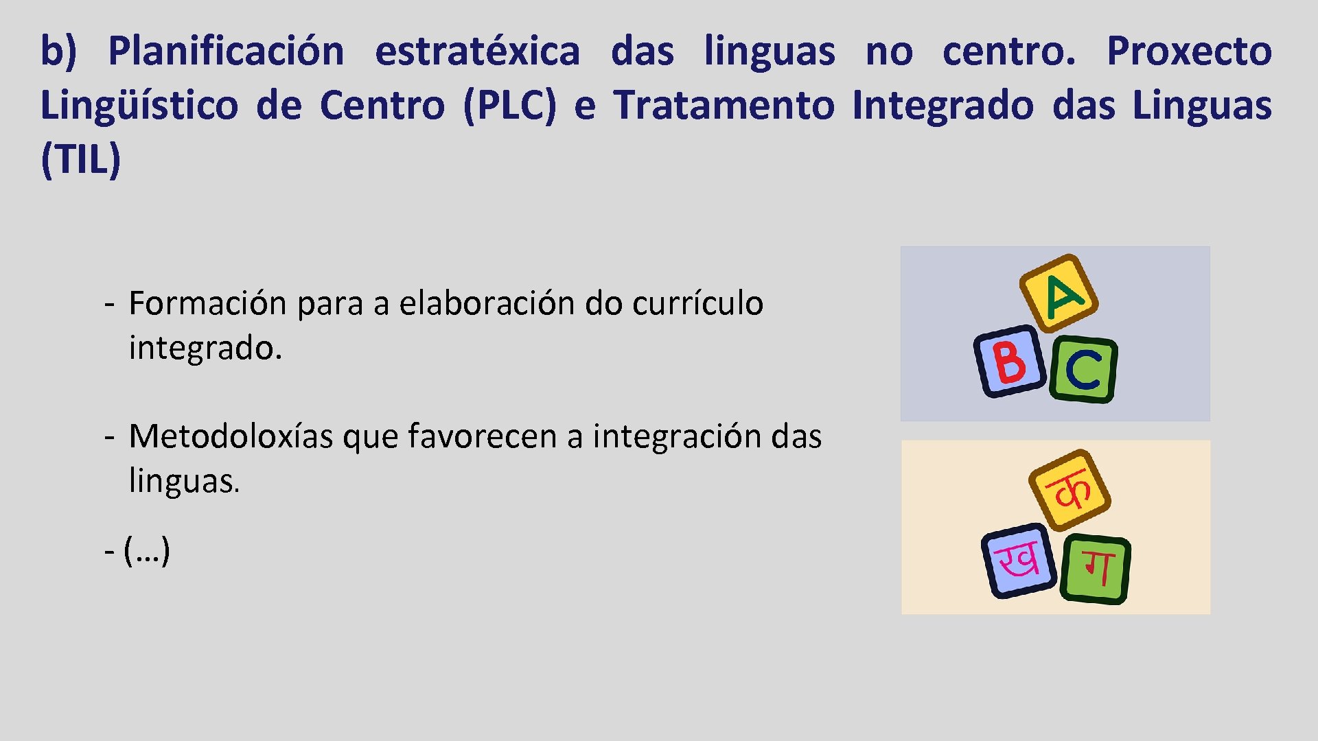 b) Planificación estratéxica das linguas no centro. Proxecto Lingüístico de Centro (PLC) e Tratamento
