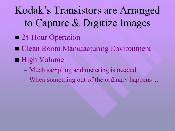 Kodak’s Transistors are Arranged to Capture & Digitize Images 24 Hour Operation n Clean