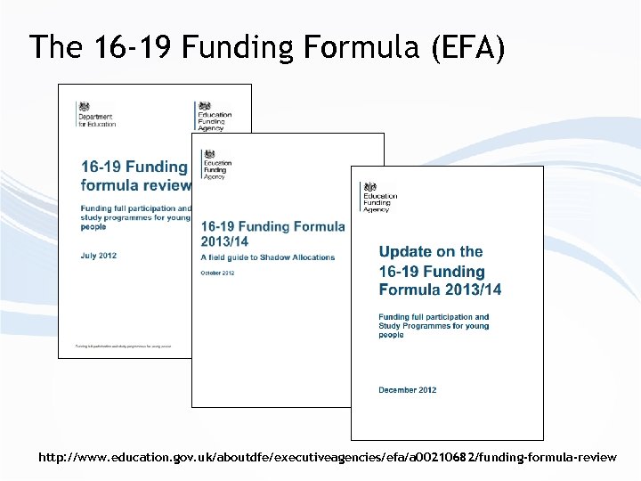 The 16 -19 Funding Formula (EFA) http: //www. education. gov. uk/aboutdfe/executiveagencies/efa/a 00210682/funding-formula-review 