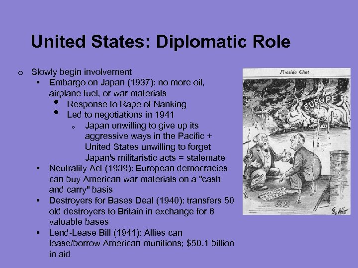 United States: Diplomatic Role o Slowly begin involvement § Embargo on Japan (1937): no