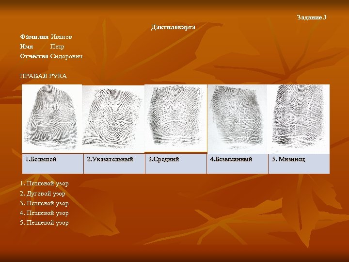 Задание 3 Дактилокарта Фамилия Иванов Имя Петр Отчество Сидорович ПРАВАЯ РУКА 1. Большой 1.