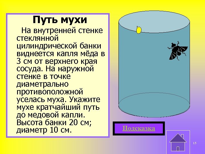 Путь мухи На внутренней стенке стеклянной цилиндрической банки виднеется капля мёда в 3 см