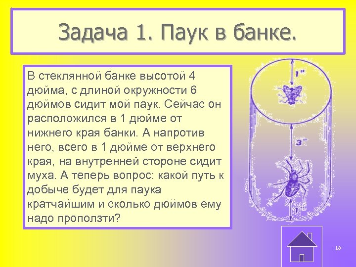 Задача 1. Паук в банке. В стеклянной банке высотой 4 дюйма, с длиной окружности