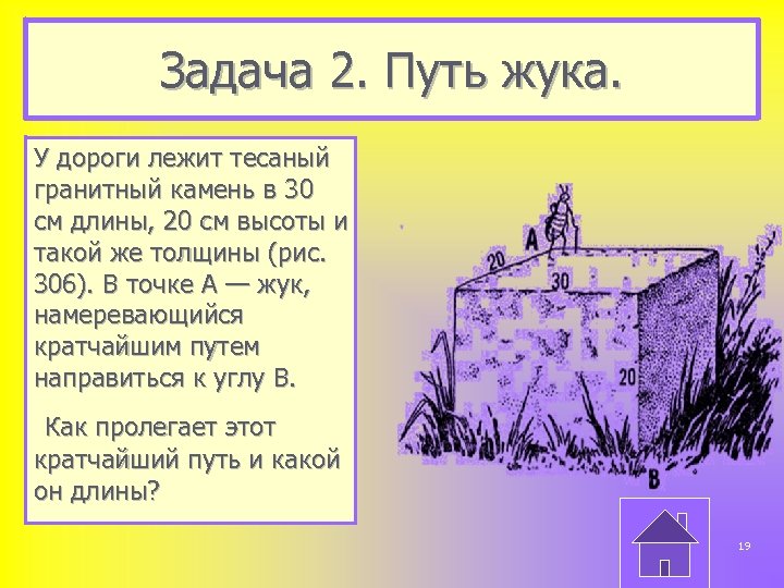Задача 2. Путь жука. У дороги лежит тесаный гранитный камень в 30 см длины,