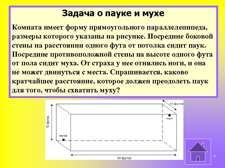 Задача о пауке и мухе Комната имеет форму прямоугольного параллелепипеда, размеры которого указаны на