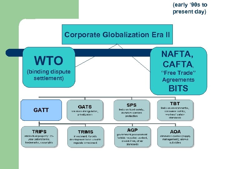 (early ‘ 90 s to present day) Corporate Globalization Era II WTO (binding dispute