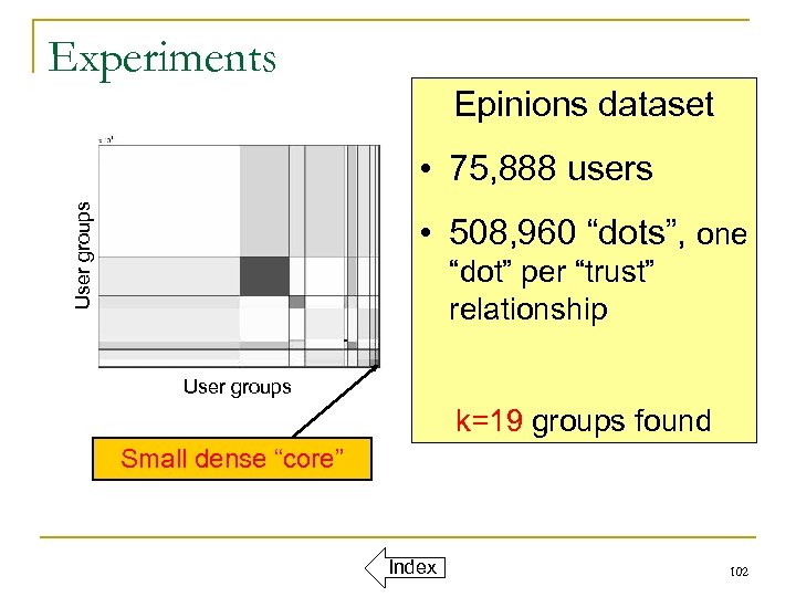 Experiments Epinions dataset User groups • 75, 888 users • 508, 960 “dots”, one