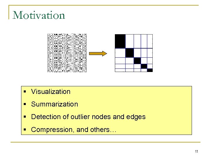 Motivation § Visualization § Summarization § Detection of outlier nodes and edges § Compression,