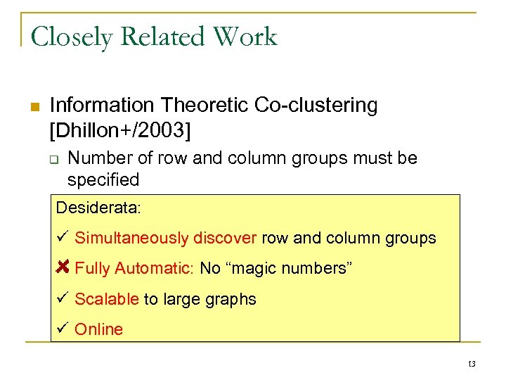 Closely Related Work n Information Theoretic Co-clustering [Dhillon+/2003] q Number of row and column
