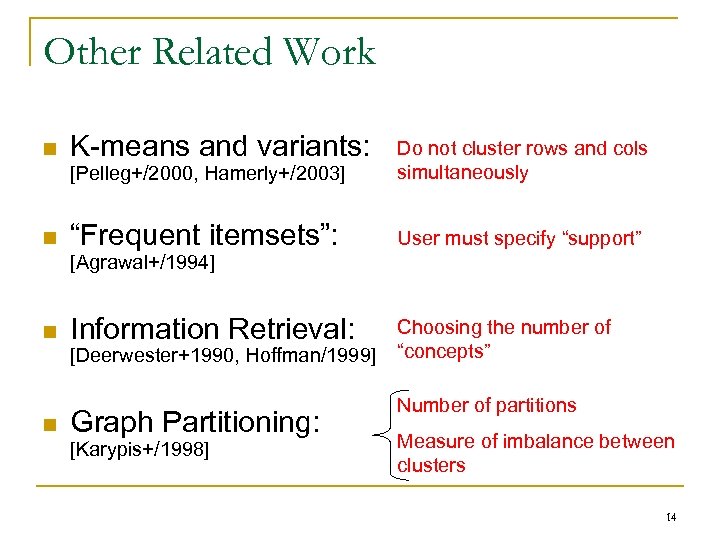 Other Related Work [Pelleg+/2000, Hamerly+/2003] n n K-means and variants: Do not cluster rows