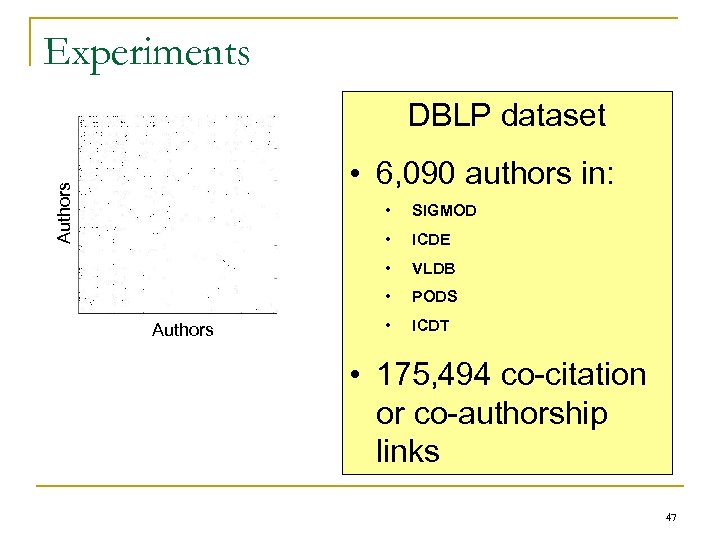 Experiments DBLP dataset Authors • 6, 090 authors in: • • ICDE • VLDB