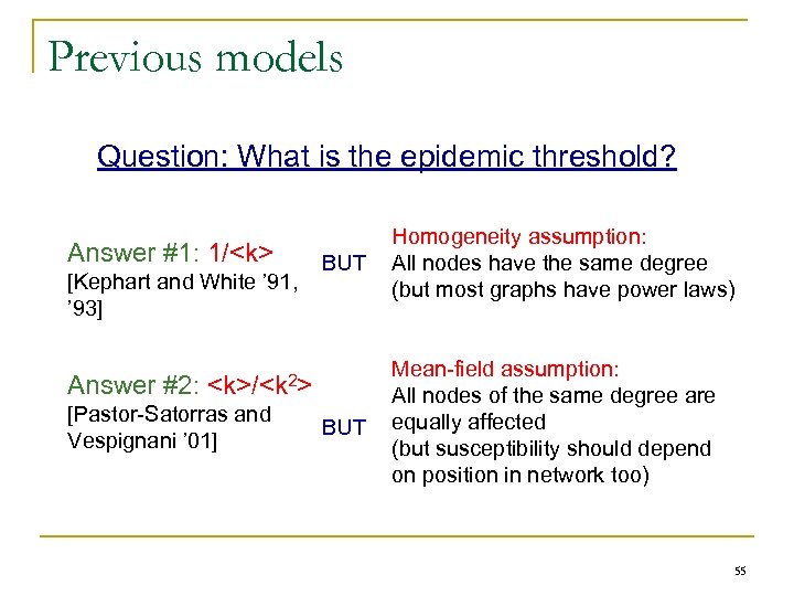 Previous models Question: What is the epidemic threshold? Answer #1: 1/<k> [Kephart and White